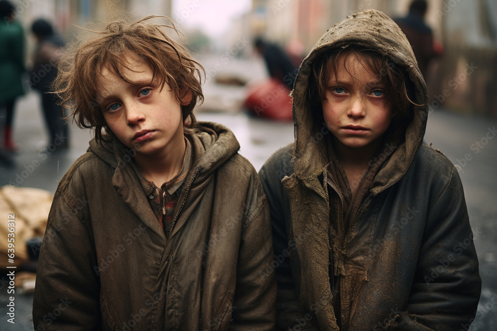 Harsh reality of impoverished children on the streets, begging for survival.  Ai generated