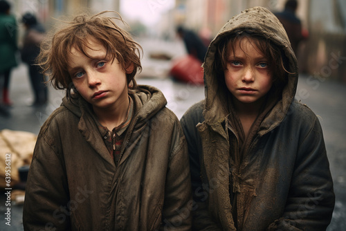 Harsh reality of impoverished children on the streets, begging for survival.  Ai generated © twindesigner