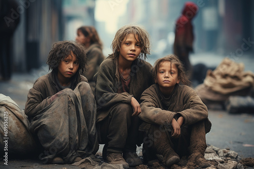Harsh reality of impoverished children on the streets, begging for survival.  Ai generated photo