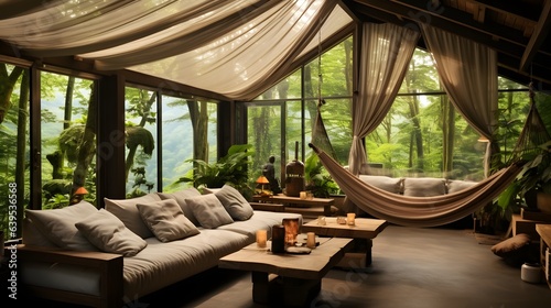 Ecology or eco-lodge house interior with green plants, adorned with hammocks and various greenery, creating a serene and relaxing ambiance, surrounded by the natural beauty, AI Generative
