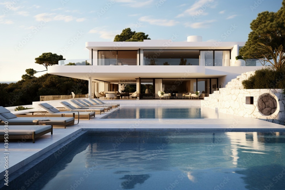 Realistic image of a luxurious Ibiza villa showcasing modern design and serene surroundings. Generative AI