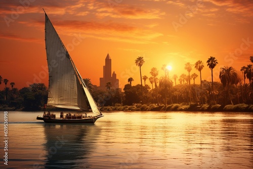View of Cairo skyline with palm trees, sailboat on Nile river in Egypt, Africa. Generative AI
