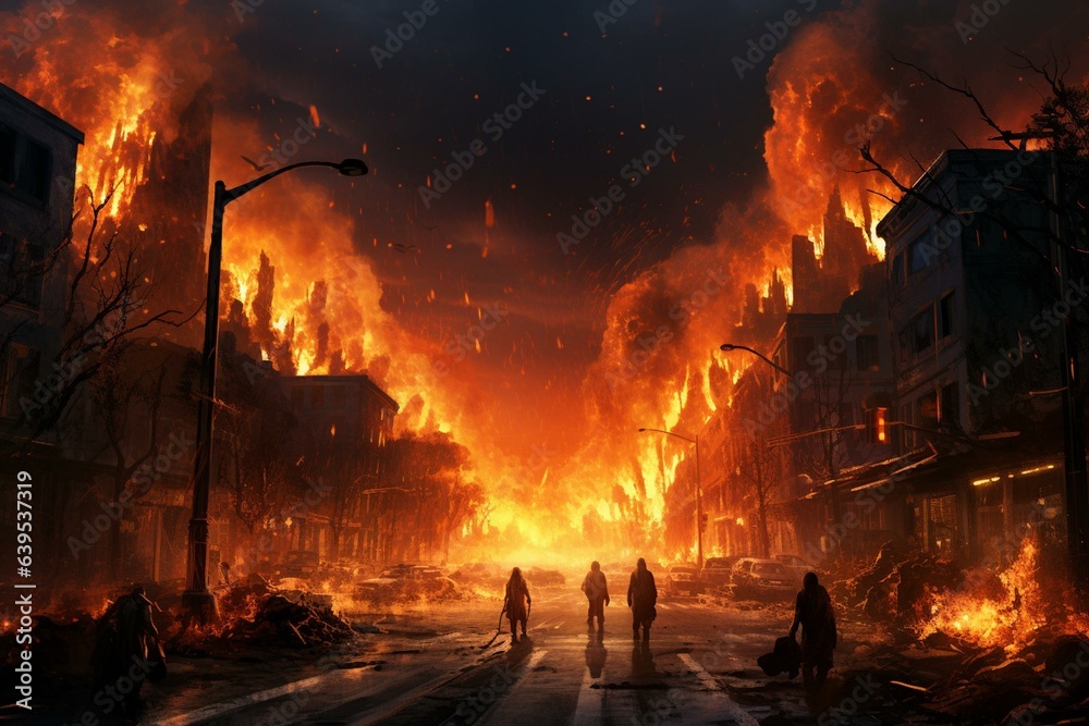 A post-apocalyptic city street engulfed in flames and explosions, depicted as an evening scene. Generative AI