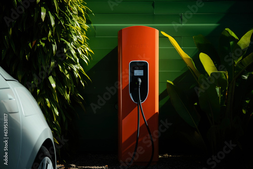 A modern, electric vehicle charging station, minimalistic, abstract art style, vibrant, primary colors, with bold geometric shapes, contrast of man - made technology and natural green foliage backdrop