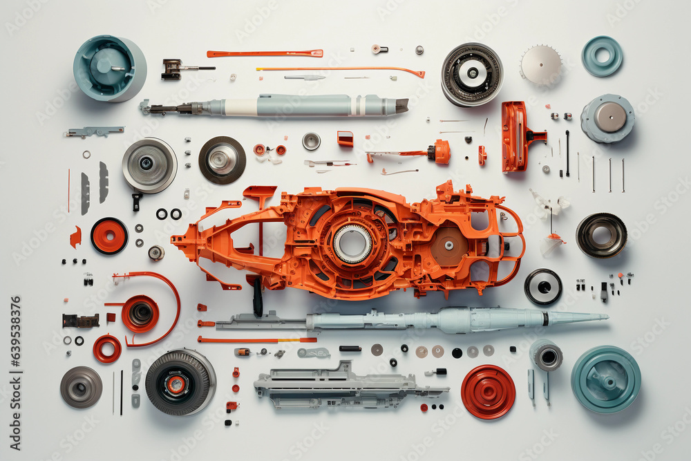 Exploded view of electric car parts, abstract representation, floating ...