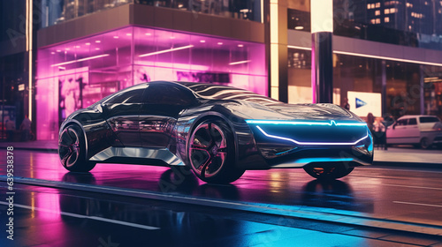 Futuristic concept  electric autonomous vehicle in a neon - lit cityscape  aerial view  sharp details  bright city lights reflected on metallic body  crisp