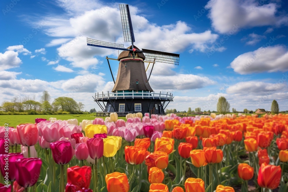Colorful artwork of a traditional windmill in the Netherlands surrounded by blooming tulips. Generative AI