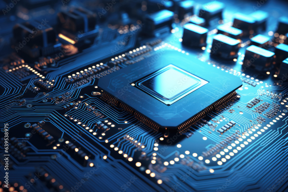 Computer board with processor and chips illuminated by blue light, representing advanced technology and computing. Computer board with processor and chips illuminated by blue light, representing advanced technology and computing.