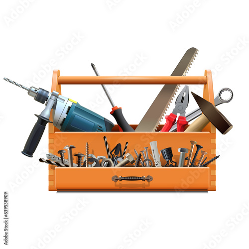 Vector Wooden Toolbox with Tools and Fasteners