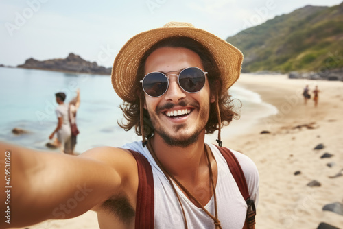 Man enjoying sunny beach day captures selfie while wearing sunglasses, capturing carefree atmosphere of summer getaway.