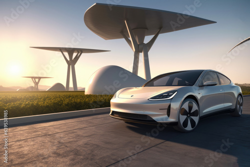 Visionary concept of electric car standing against backdrop of stunning sunrise, symbolizing harmonious blend of technology and nature. Future of sustainable transportation and innovation. © vefimov