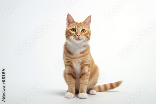 Adorable orange tabby cat sitting gracefully on white background. Charming portrait of content and curious feline companion.
