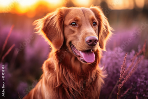 Beautiful Golden Retriever dog enjoying serene moment in field of lush purple flowers. Heartwarming scene of nature and companionship. © vefimov