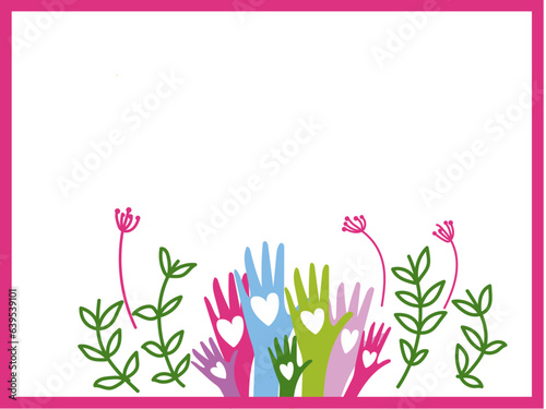 Hands up wth hearts, flowers. Volunteers banner. Vector illustration. Bouquet from hands