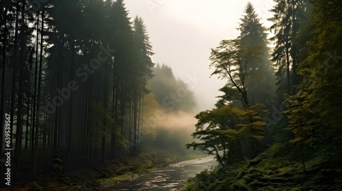 River in the forest  misty morning in the forest  AI generative
