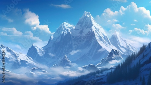 Illustration of a snowy mountain top, natural environment. Created with Generative Ai technology.