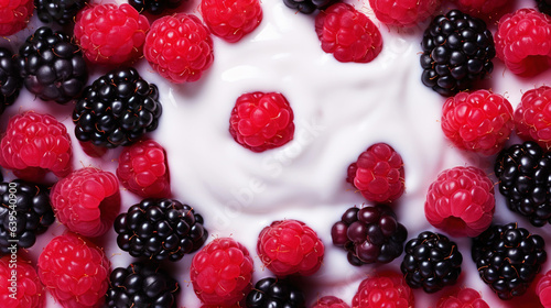Yogurt and fresh forest berries  background. Top view. Generative AI