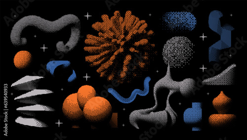 Abstract geometric elements. Universal 3D bitmap shapes with dither, halftone, stipplism effects. In a minimalistic style, graphics for posters, banners, business cards, clothes