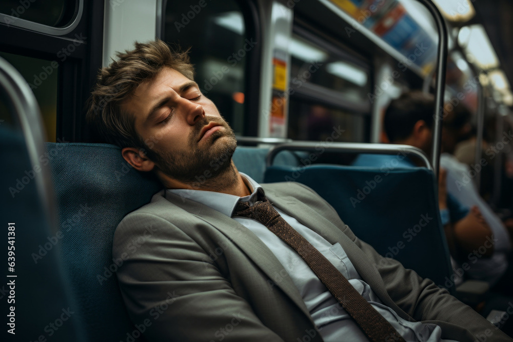Tired employee sleeping on the subway. The concept of overwork and lack of time