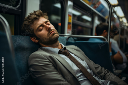 Tired employee sleeping on the subway. The concept of overwork and lack of time