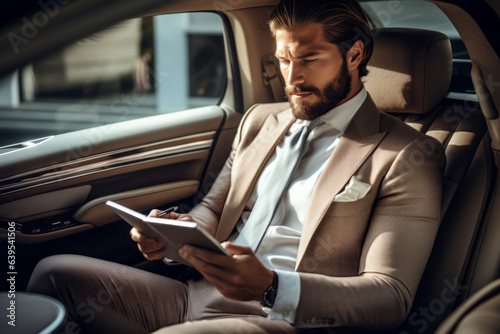 Businessman works sitting in a premium car