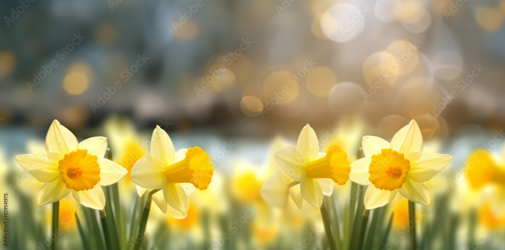 Yellow daffodils in front of a light background. Bokeh panorama