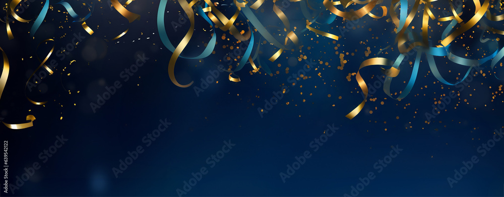 Golden confetti falling over dark blue background - obrazy, fototapety, plakaty 