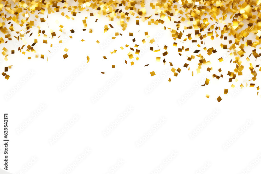 Gold confetti falling down in front of a white background