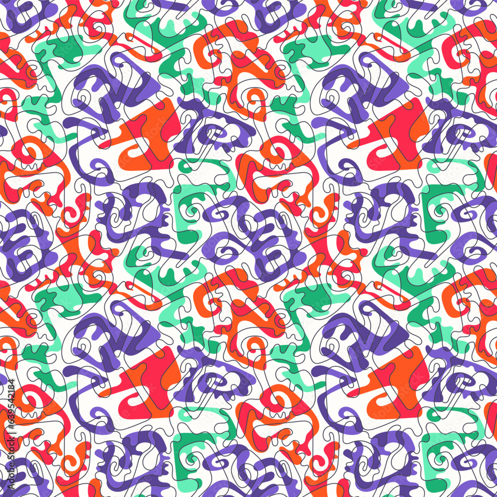 Vector surreal colorful seamless srtwork with wave hand drawn patterns for print fabric, textile, apparel clothing.