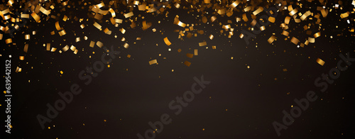 Golden confetti falling on a black background banner