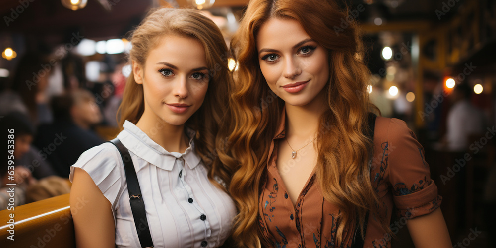 Zwei super schöne Models posen mit langen Haaren und schönen Outfit in einem Lokal und lachen Querformat, ai generativ Zwei super schöne Models posen mit langen Haaren und schönen Outfit in einem Lokal und lachen Querformat, ai generativ