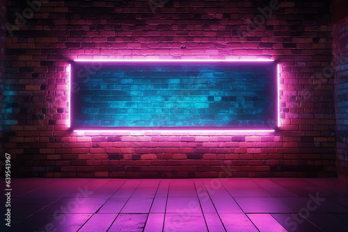 Modern futuristic neon lights on old grunge brick wall room background.