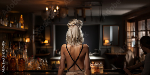 Blonde Frau im Abendkleid mit tiefen Ausschnitt und Rückenansicht im Lokal, ai generativ
