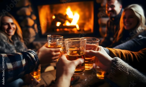 a group of people making a toast in front of a fireplace
