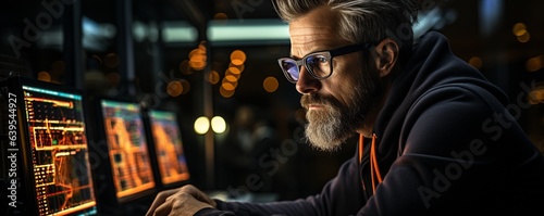 Working late at night, a focused trader in glasses studies stock market charts on a computer..