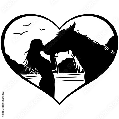 Silhouette of a woman and a horse in a heart. Horse love hand drawn illustration for plotter cutting. Vector logo