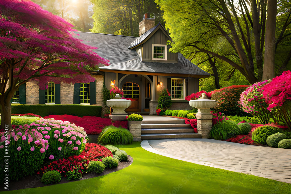 Naklejka premium Home and healthy front yard during late spring season ai generative