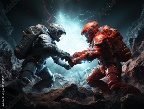 A red and a blue astronaut fighting stance on the moon, cinematic lighting © Dushan