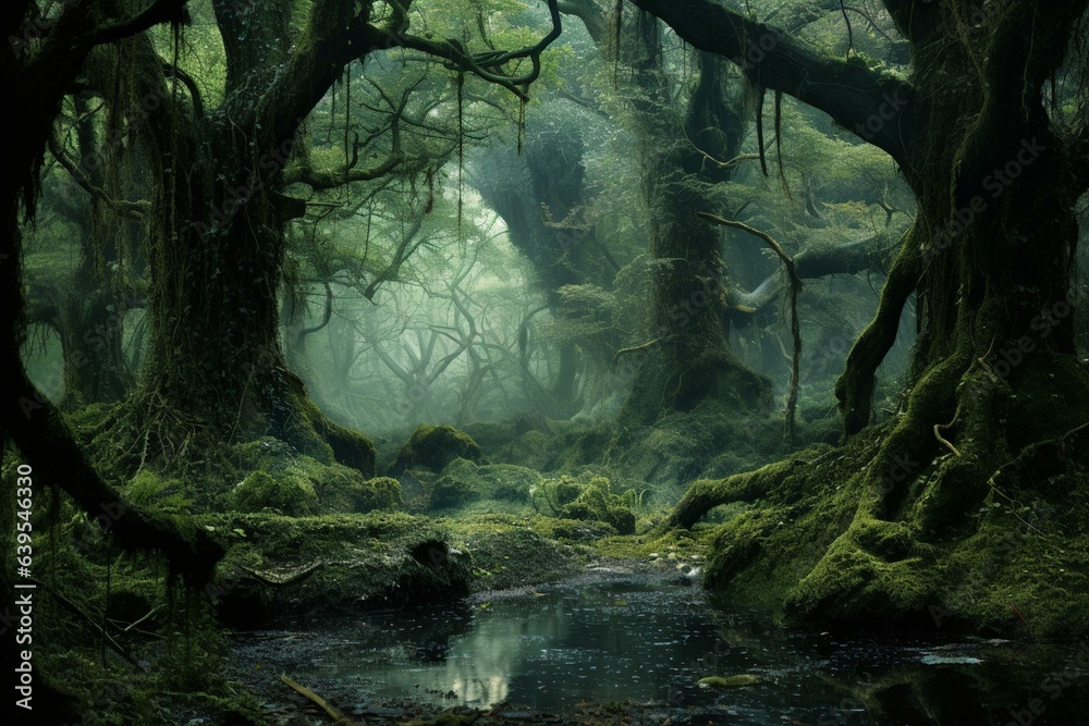 Magical forest with fantastical trees. Generative AI