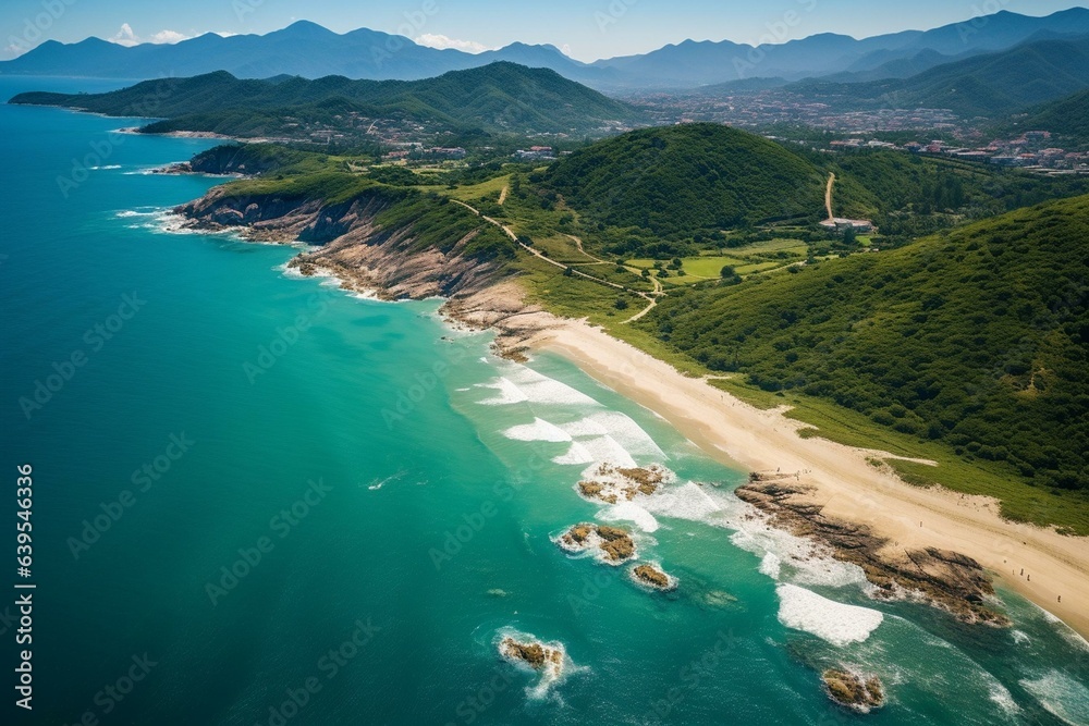 An aerial view of Ingleses beach in Florianopolis, SC. Generative AI