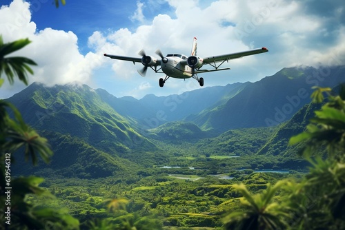 Plane flies over picturesque tropical scenery. Generative AI