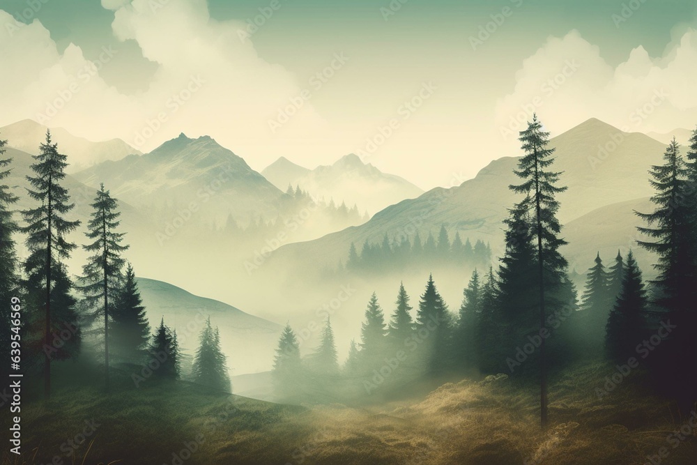 Retro misty mountain scenery with evergreen trees and empty space for text in vintage hipster fashion. Generative AI