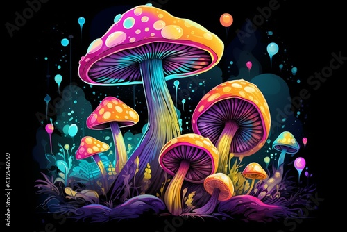 Illustration of multi-hued enchanted mushroom on clear backdrop. Generative AI