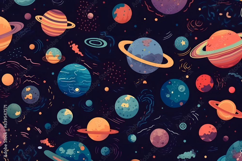 Various colorful planets and stars in outer space. Vibrant digital illustration. Space exploration and astronomy concept. Design for poster, wallpaper, educational materials