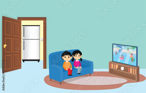 2 kids sitting on the sofa watching TV.