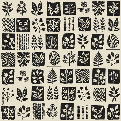 Modern botanical background in minimal stamping style. Trendy groovy leaf vector pattern, leaf pattern, flower pattern, abstract pattern. Vector illustration