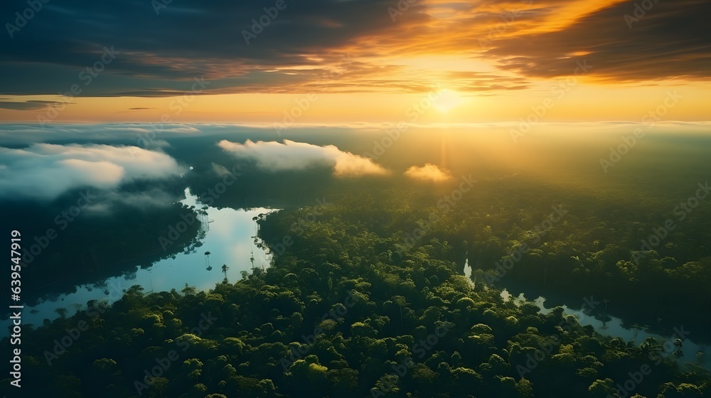 AI Generative. Beautiful green amazon forest landscape at sunset sunrise. Adventure explore air dron view vibe. Graphic Art