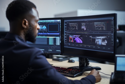 African American man programmer studying analyzing data exploring. Businessman worker IT technologies processing computer statistics working information graph neural networks sitting monitor indoors.