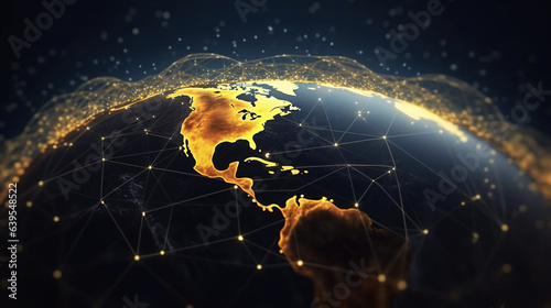 illustration of glowing planet with yellow network connecting cities on black background 