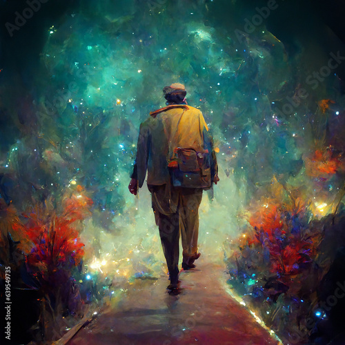 Man walking into galaxy of stars, outer space © Dimitri